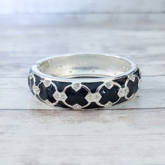 Vintage Hinged Bracelet Black & Silver Tone with Clear Gems - Picture 3 of 7